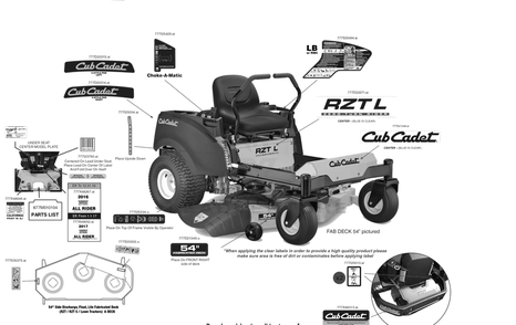 Label Map Diagram and Parts List for RZT-L54KH (17CRCACA209)(2017) Cub Cadet Lawn Tractor